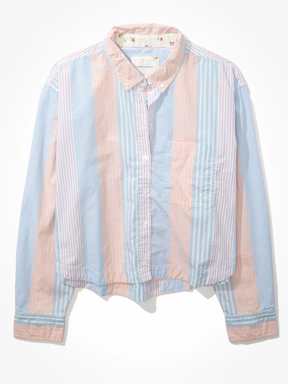 American Eagle Cropped Button Up Shirt Medium Pink Blue Stripe